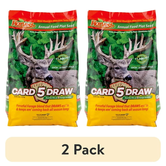 (2 pack) Evolved Harvest 5 Card Draw Food Plot Seed - All Season Long High-Protein & Minerals Forage for Deer, 10 lb Bag