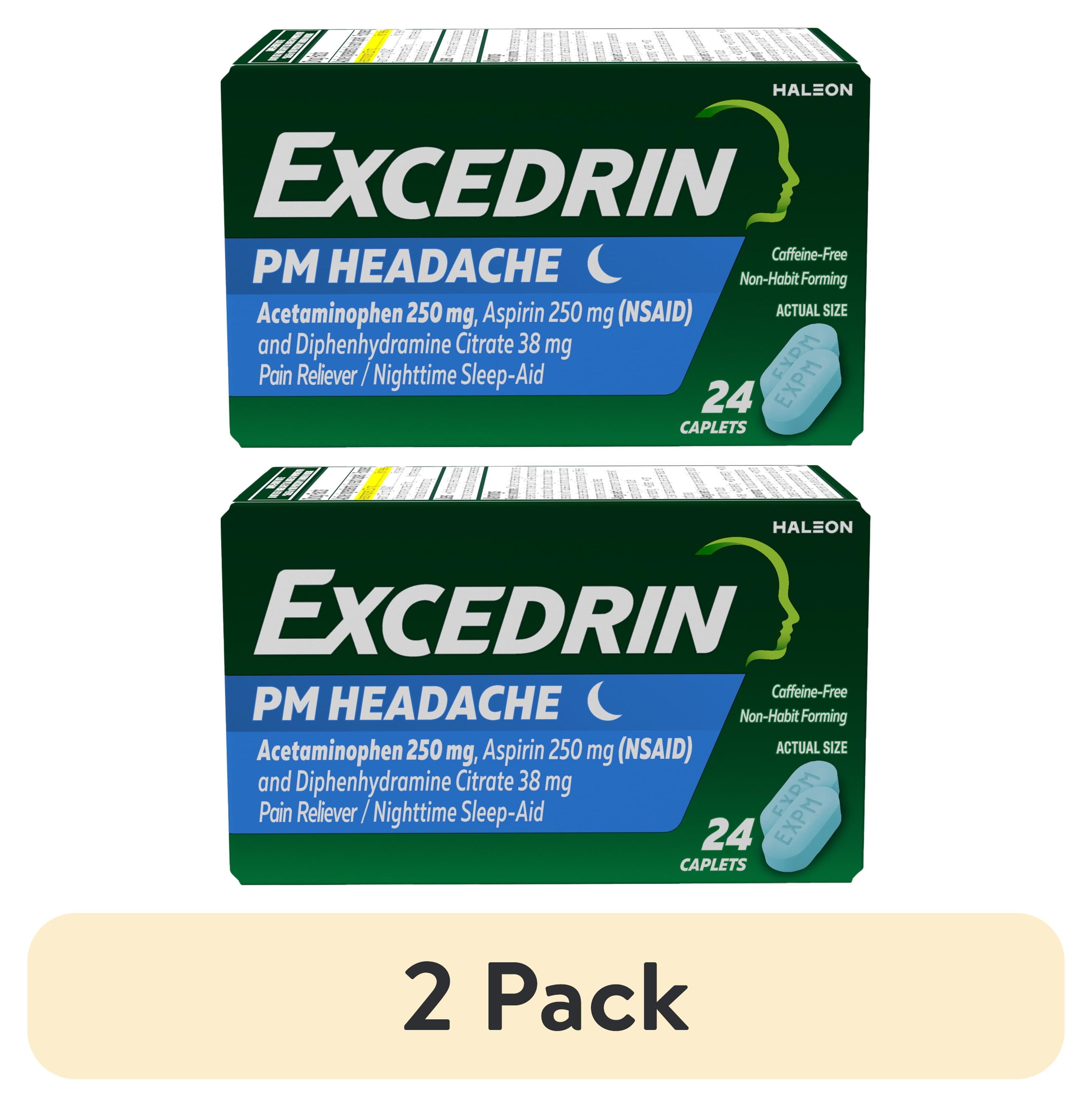 (2 pack) Excedrin Pm for Headache Relief, Acetaminophen 250Mg, Aspirin 250Mg, Diphenhydramine Citrate 38Mg, Pain Reliever, Nighttime Sleep-Aid, 24 Count