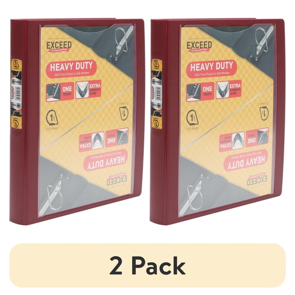 (2 pack) Exceed 1in Heavy Duty Binder, 1 inch Binder Ring Size, 3 Slant D-Ring, Red Burgundy