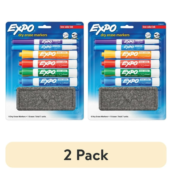 (2 pack) Expo Low Odor Dry Erase Markers, Chisel and Fine Tip, Assorted Colors, Eraser, 7 Piece Set
