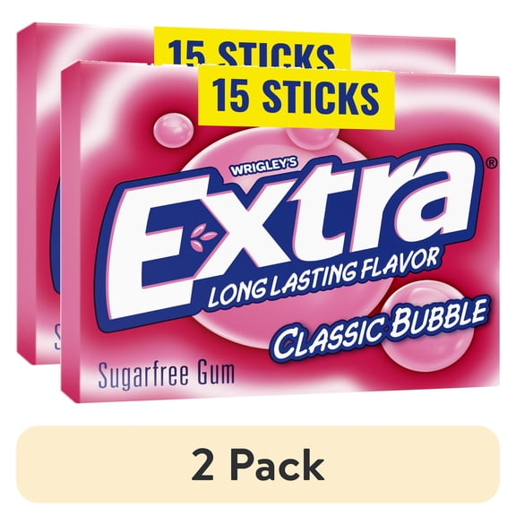 (2 pack) Extra Classic Bubble Gum Sugar Free Chewing Gum, Single Pack- 15 Stick