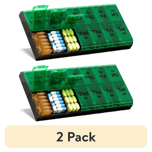 (2 pack) Extra Large Pill Organizer 2 Times a Day, Weekly XL AM PM Pill Case, 7 Day Pill Box Twice a Day, Oversized Daily Medicine Organizer for Vitamins, Big Pill Container (Green)
