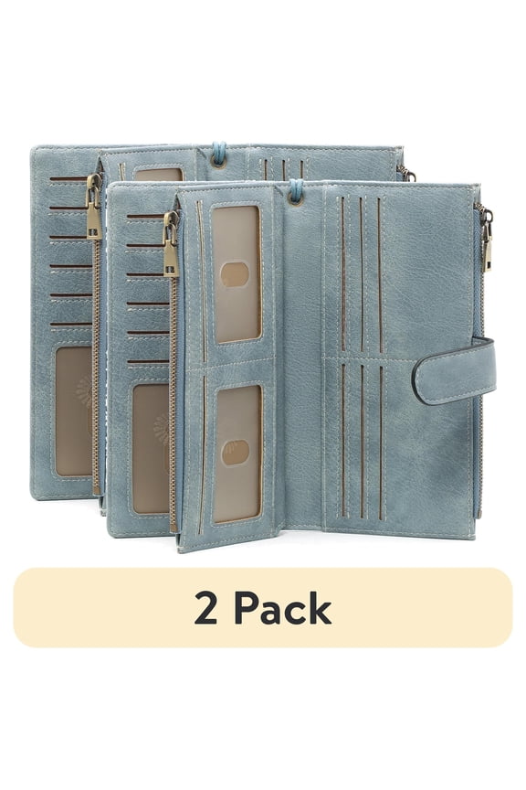 (2 pack) FALAN MULE Women Leather Wallet Large Capacity Bifold RFID Blocking Card Holder with Double Zipper Coin Pocket