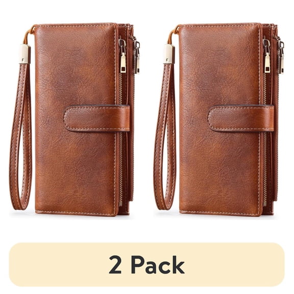 (2 pack) FALAN MULE Women’s Leather Wristlet Wallet Rfid Blocking with 5 ID Windows and Double Zipper