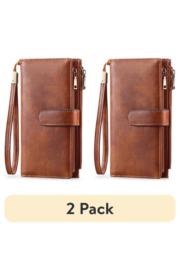 (2 pack) FALAN MULE Women’s Leather Wristlet Wallet Rfid Blocking with 5 ID Windows and Double Zipper