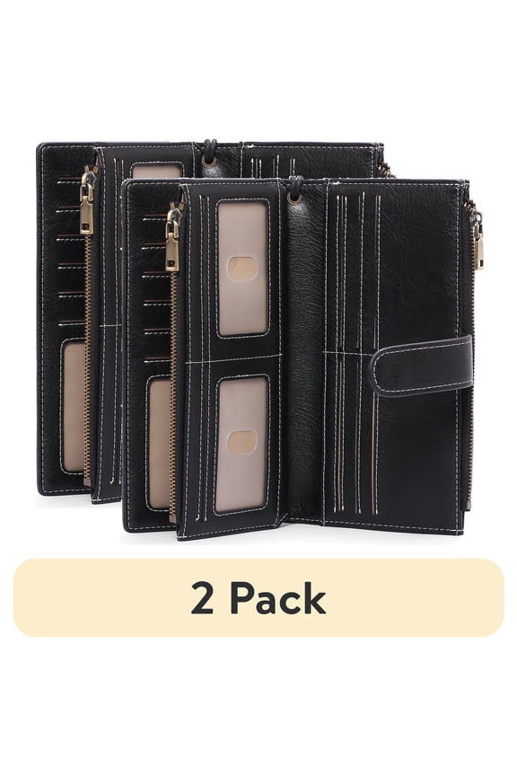 (2 pack) FALAN MULE Women Leather Wallet Large Capacity Bifold RFID Blocking Card Holder with Double Zipper Coin Pocket