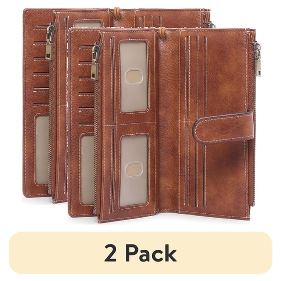 (2 pack) FALAN MULE Women Leather Wallet Large Capacity Bifold RFID Blocking Card Holder with Double Zipper Coin Pocket