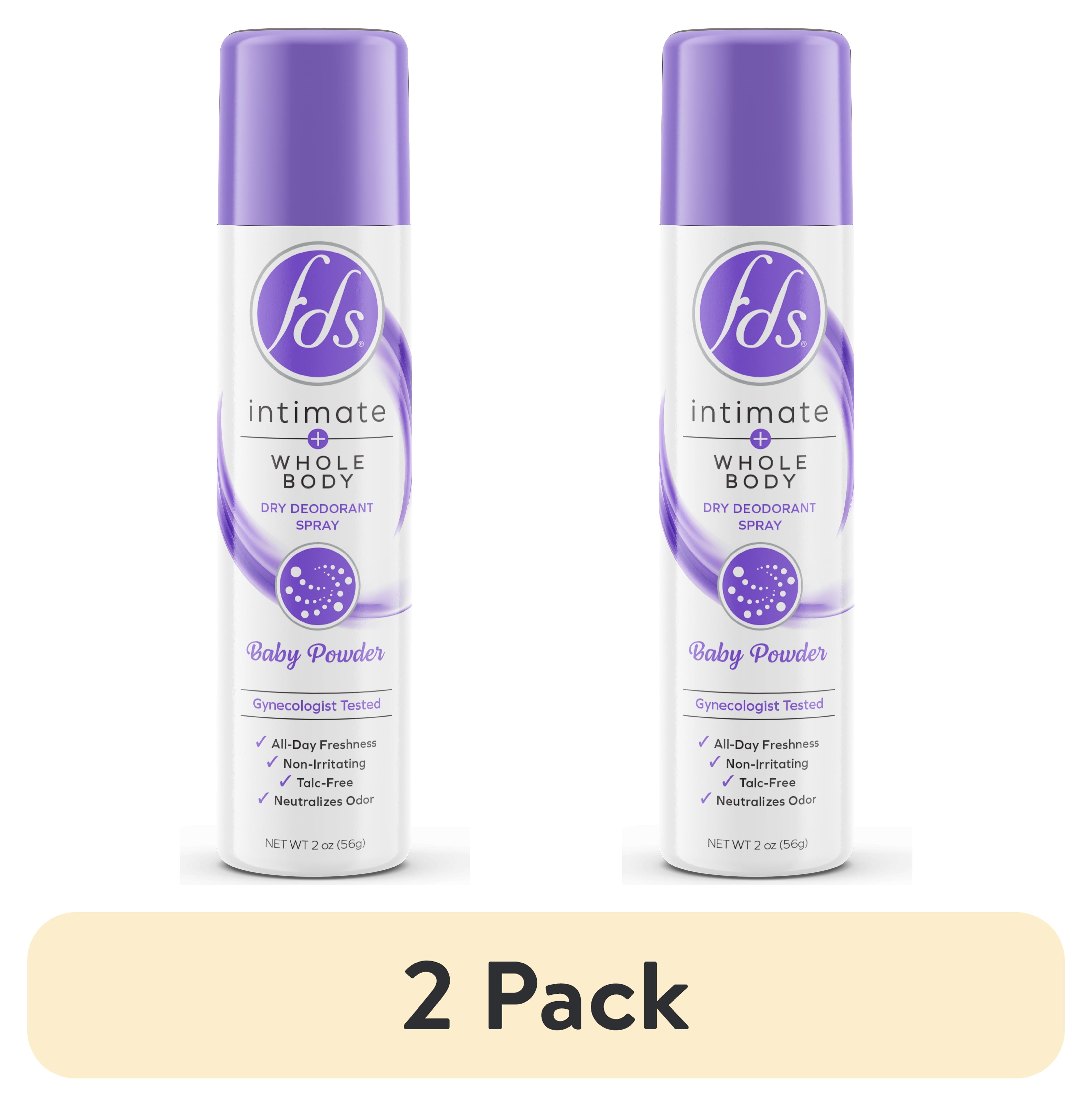 (2 pack) FDS Intimate + Whole Body Dry Deodorant Spray, Baby Powder, 2 OZ
