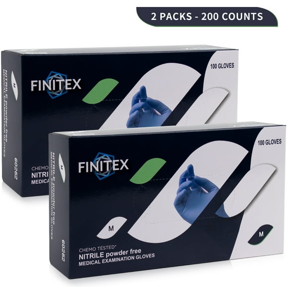 (2 pack) FINITEX Nitrile Disposable Gloves, Blue Medical Exam Gloves 100 of Pack, Latex-free, Rubber Free, Food Safe Examination Chemo Glove, 3.2 Mil, Medium