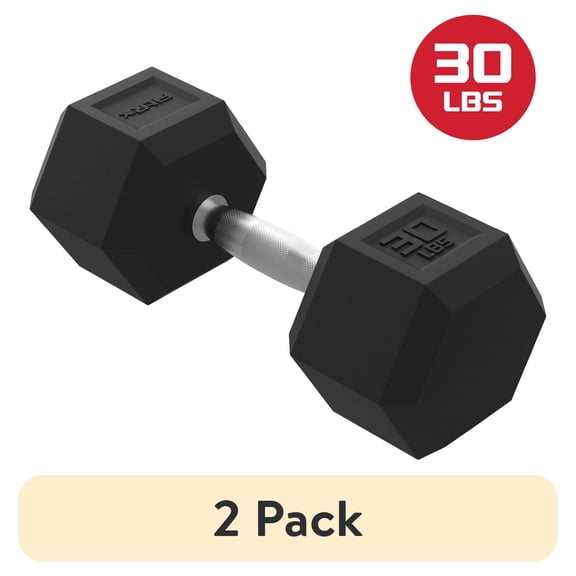 (2 pack) FitRx 30lbs Rubber Hex Dumbbell  Solid Steel Handle, Durable Rubber Coating, Anti-Roll Weight for Fitness, Single
