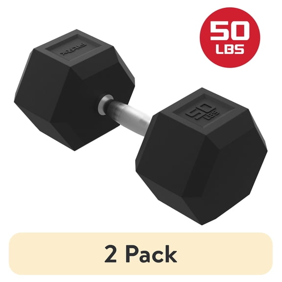(2 pack) FitRx 50lbs Rubber Hex Dumbbell  Solid Steel Handle, Durable Rubber Coating, Anti-Roll Weight for Fitness, Single