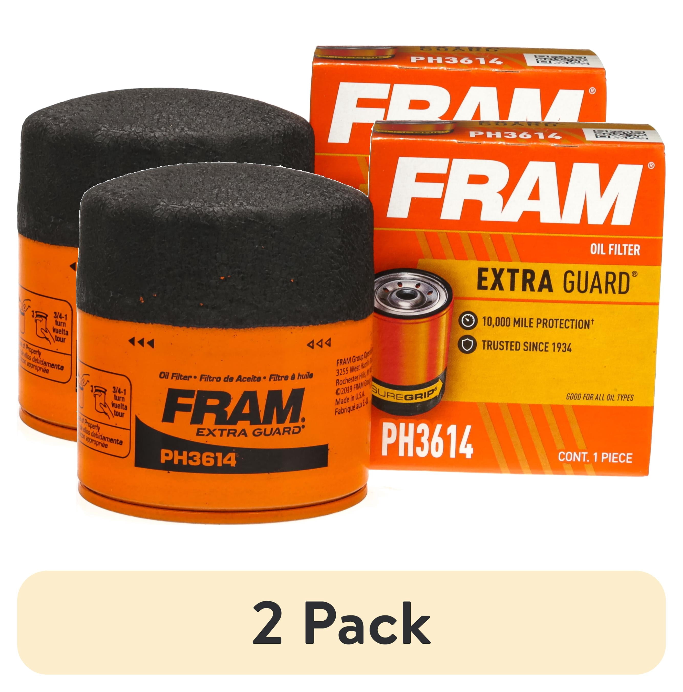 (2 pack) FRAM Extra Guard Oil Filter, PH3614, 10K Miles, Replacement Oil Filter Fits Select Vehicles