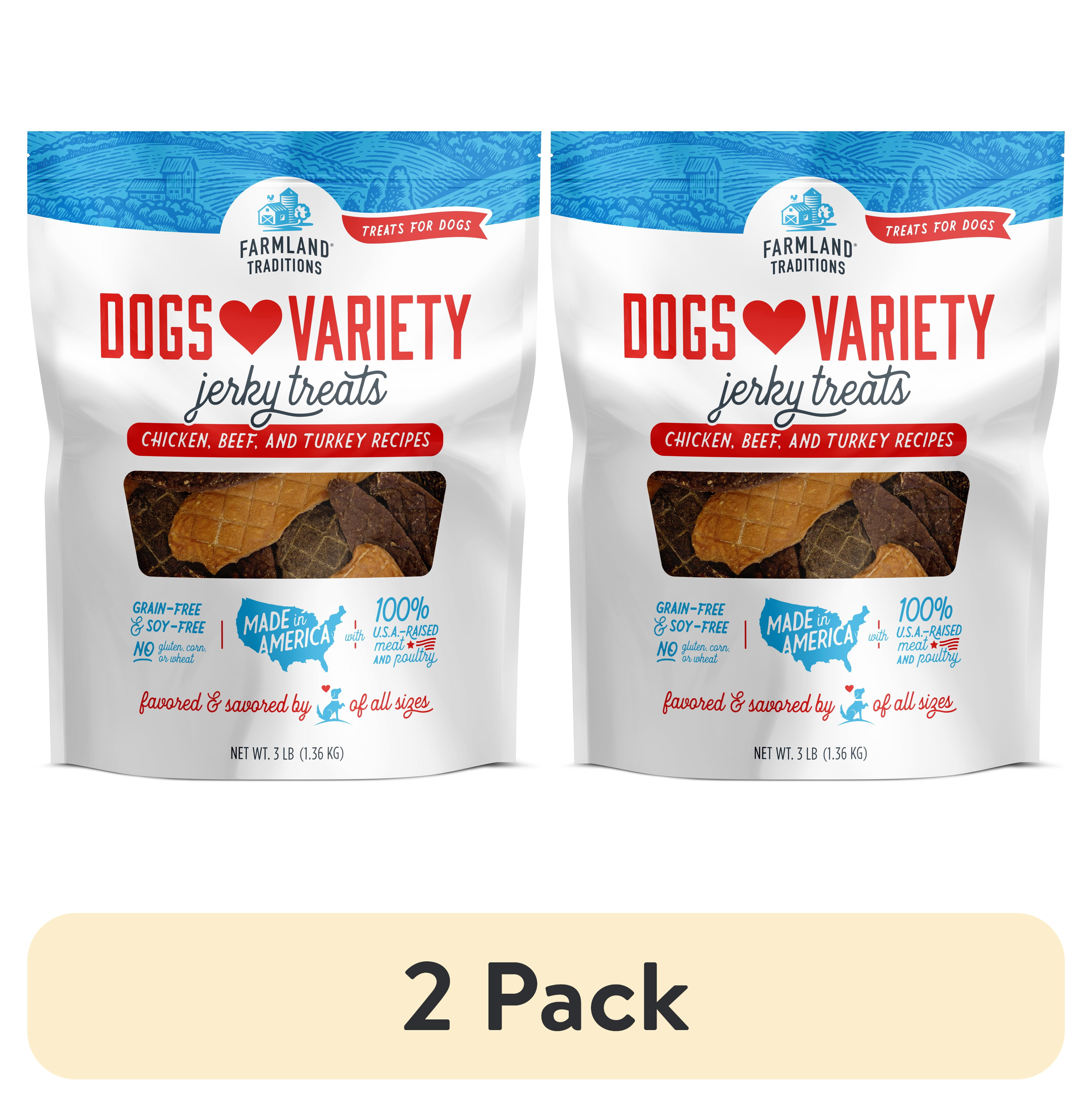 (2 pack) Farmland Traditions Dogs Love Jerky Dog Treats, Premium Dog Jerky Variety Pack with Chicken, Beef & Turkey, 3 Pound Bag