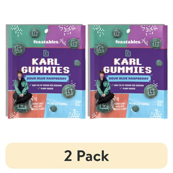 (2 pack) Feastables Karl Gummy Candy Sour Blue Raspberry, 3.5 oz (100g), 1 Bag