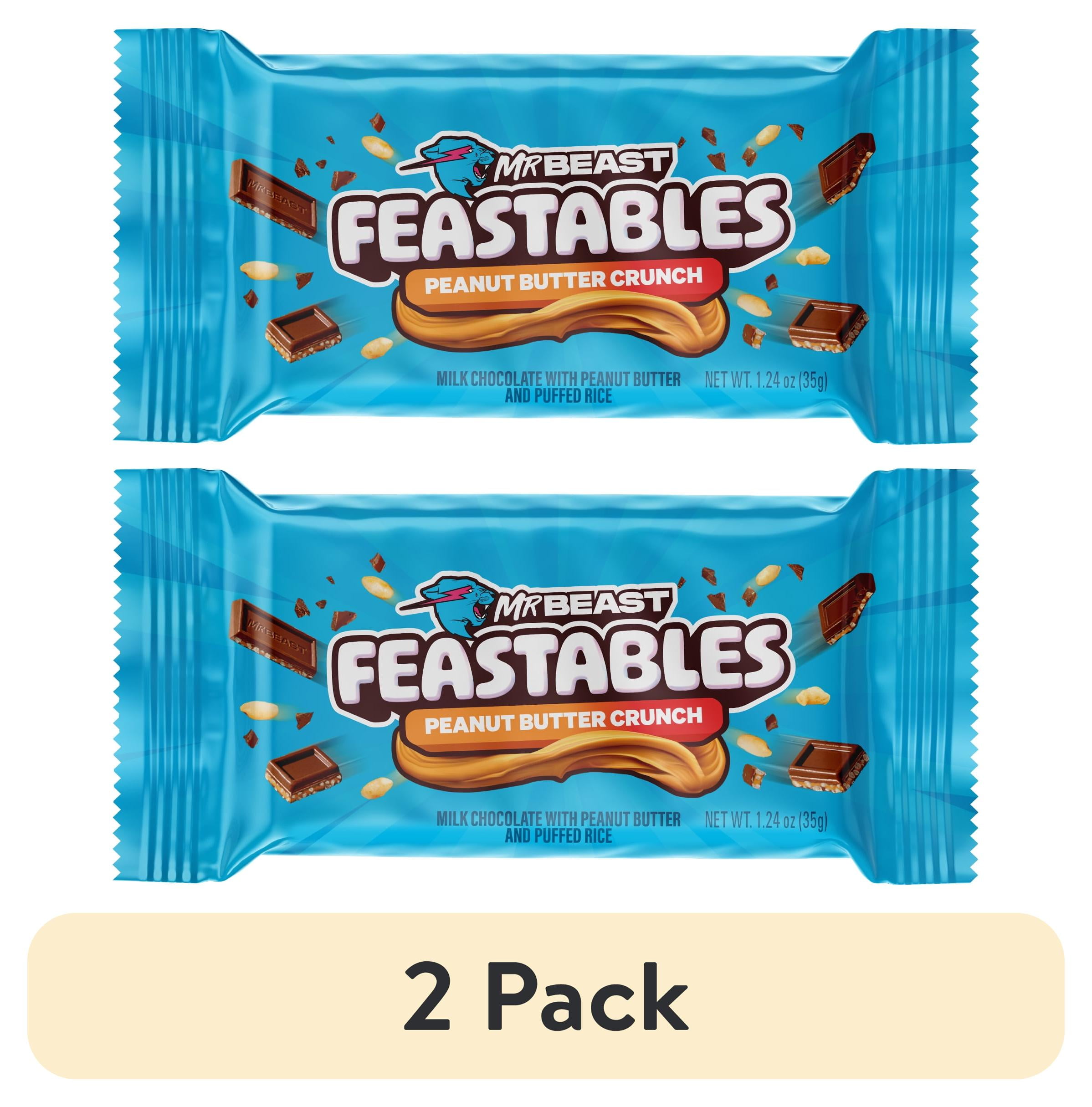 (2 pack) Feastables MrBeast Peanut Butter Chocolate Crunch Bar, 1.24 oz (35g), 1 Count