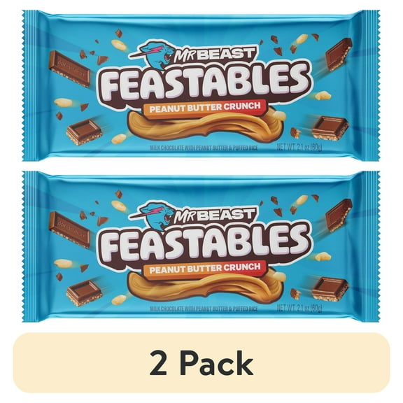 (2 pack) Feastables MrBeast Peanut Butter Chocolate Crunch Bar, 2.1 oz (60g), 1 Count