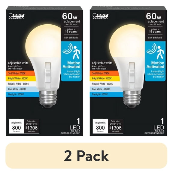 (2 pack) Feit Electric 8.8W (60W Replacement) Adjustable White E26 Base Motion Sensor LED Bulb