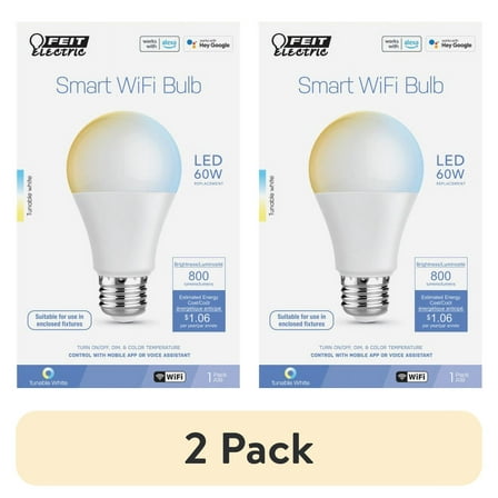 (2 pack) Feit Electric 8.8W (60W Replacement) Tunable White E26 Base A19 Smart WiFi LED Light Bulb