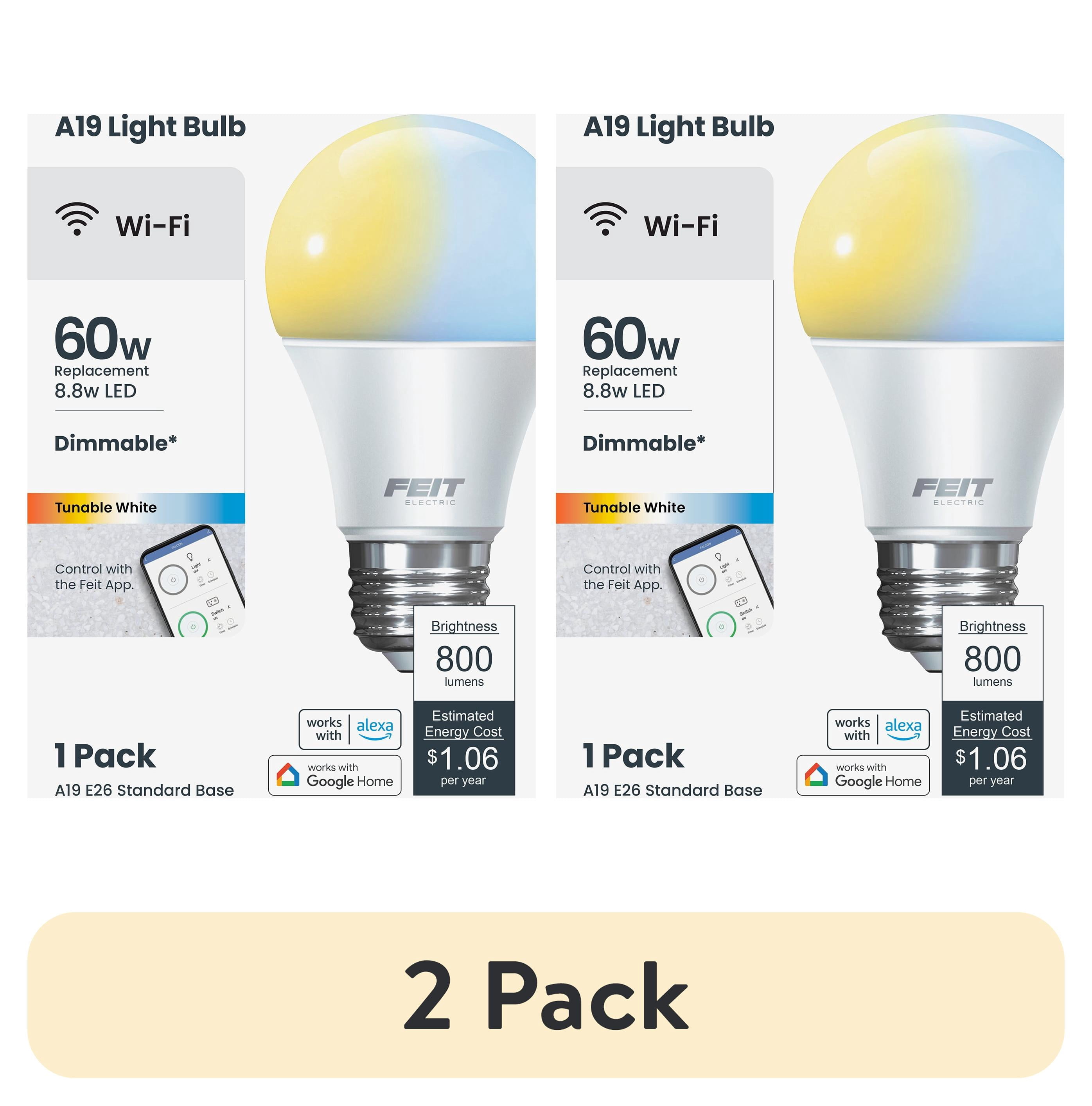 (2 pack) Feit Electric 8.8W (60W Replacement) Tunable White E26 Base A19 Smart WiFi LED Light Bulb