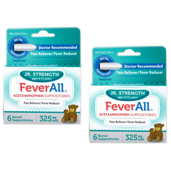 (2 pack) Feverall Children Acetaminophen Suppositories 6 Rectal Suppositories 325mg Each Pain Reliever/Fever Reducer. Paraben Free, No Artificial Colors or Other preservatives. Ages 6-12 Years