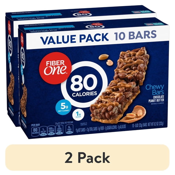 (2 pack) Fiber One 80 Calorie Chewy Bars, Chocolate Peanut Butter, Snack Bars Value Pack, 10 Ct, 8.2 oz