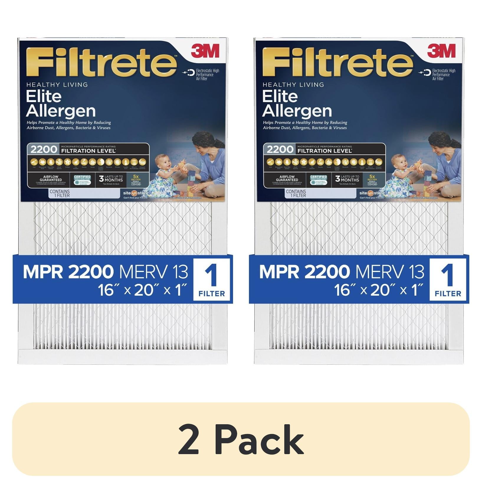 (2 pack) Filtrete 16x20x1 Air Filter, MPR 2200 MERV 13, Elite Allergen Reduction, 1 Filter