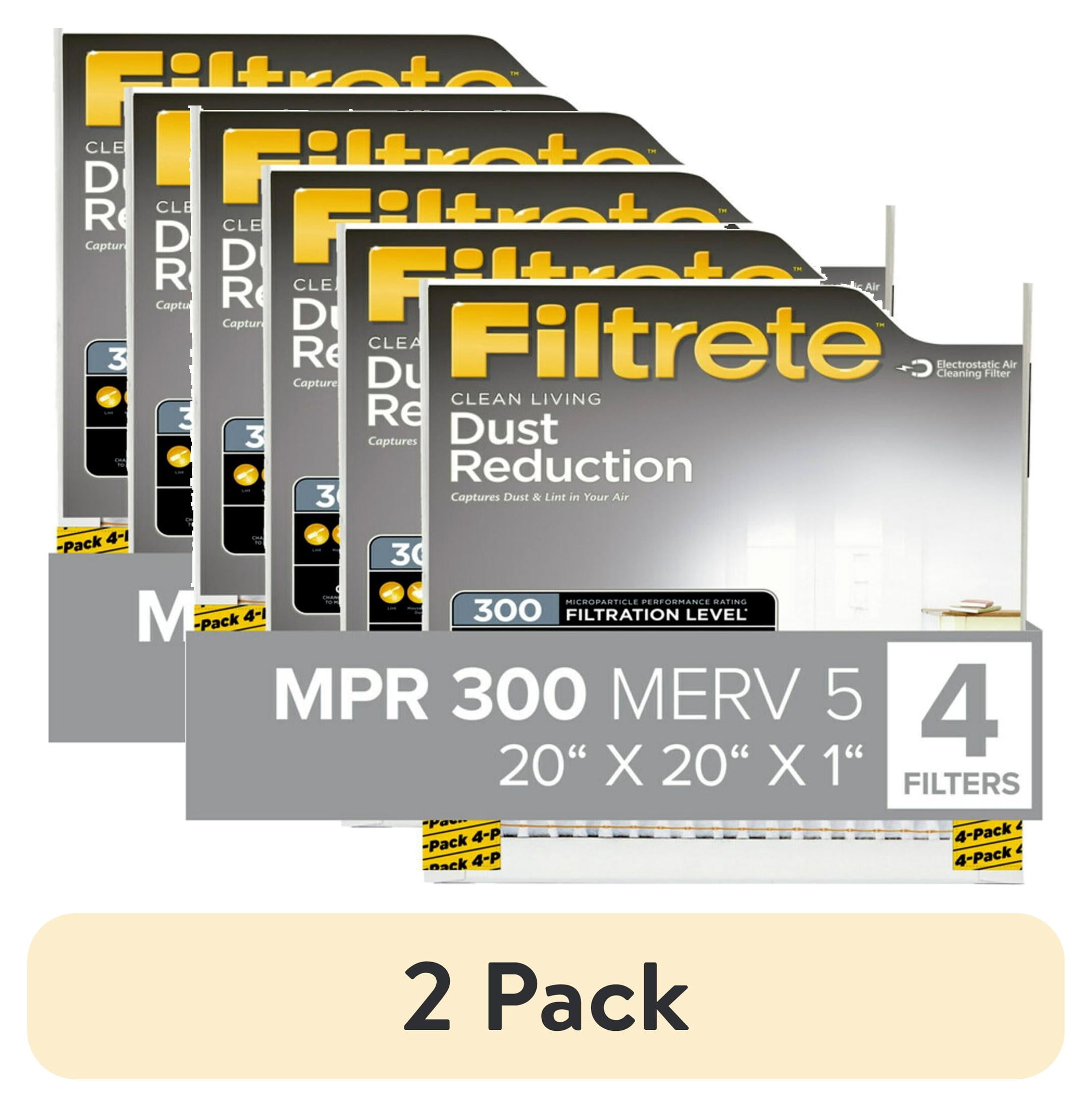 (2 pack) Filtrete 20x20x1 HVAC Furnace Air Filter, MPR 300 MERV 5, Dust Reduction, 4 Filters