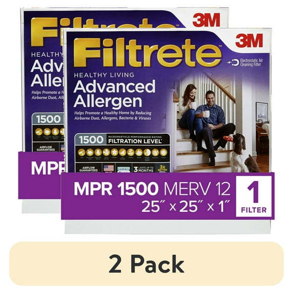 (2 pack) Filtrete 25x25x1 Air Filter, MPR 1500 MERV 12, Advanced Allergen Reduction, 1 New Filter