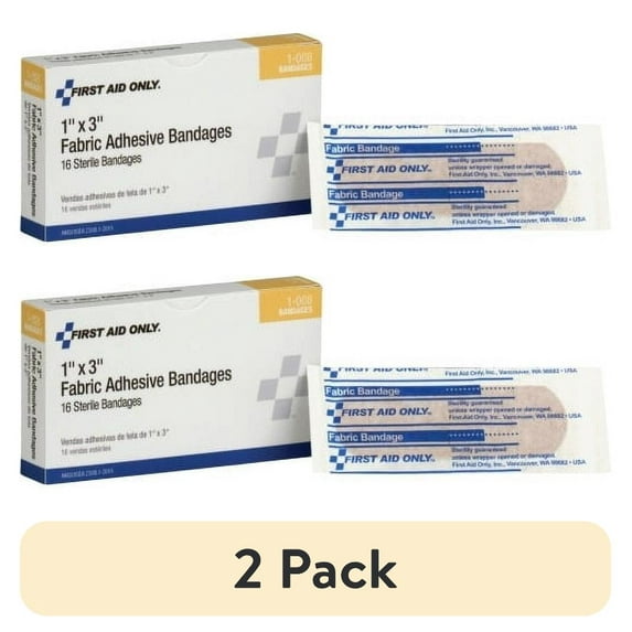 (2 pack) First Aid Only Fabric Adhesive Bandages 1" x 3" - 1Each - 16 Per Box - White - Fabric