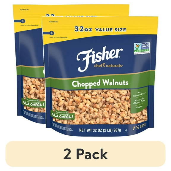 (2 pack) Fisher Chef's Naturals Gluten Free, No Preservatives, Non-GMO Chopped Walnuts, 32 oz Bag
