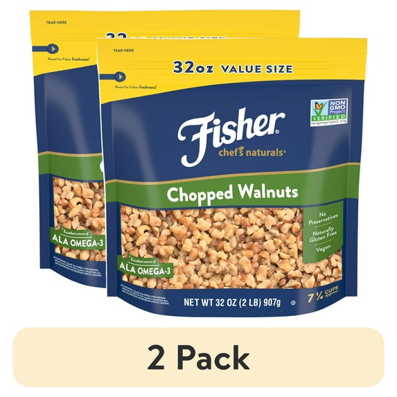 (2 pack) Fisher Chef's Naturals Gluten Free, No Preservatives, Non-GMO Chopped Walnuts, 32 oz Bag