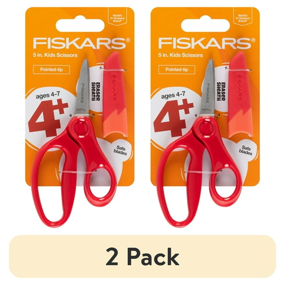 (2 pack) Fiskars 5" Kids School Scissors with Pointed Tip, Ages 4 and Up, Red