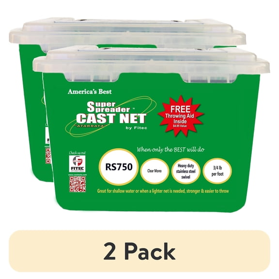 (2 pack) Fitec Super Spreader RS750 Cast Net White Nylon 4 ft. x 3/8 in, Mesh, 3/4 lbs Weights