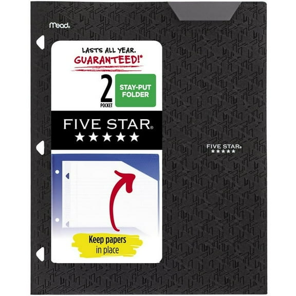 (2 pack) Five Star 2-Pocket Stay-Put Plastic Folder, Black (333420G-WMT22)