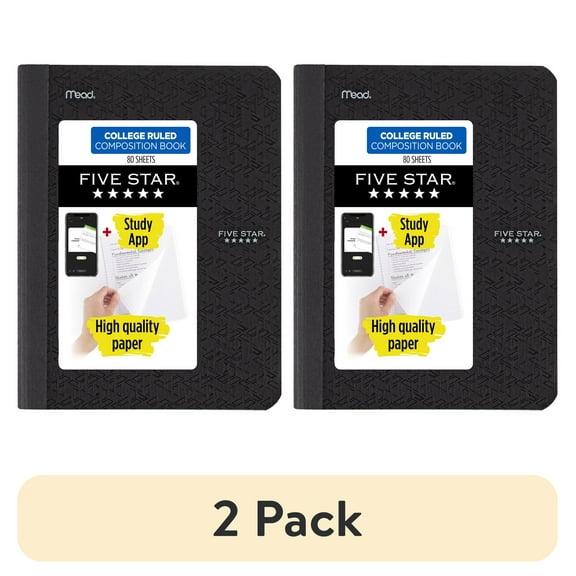 (2 pack) Five Star Composition Book Plus Study App, College Ruled, 80 Sheets, Poly, 7.5" x 9.75", Black