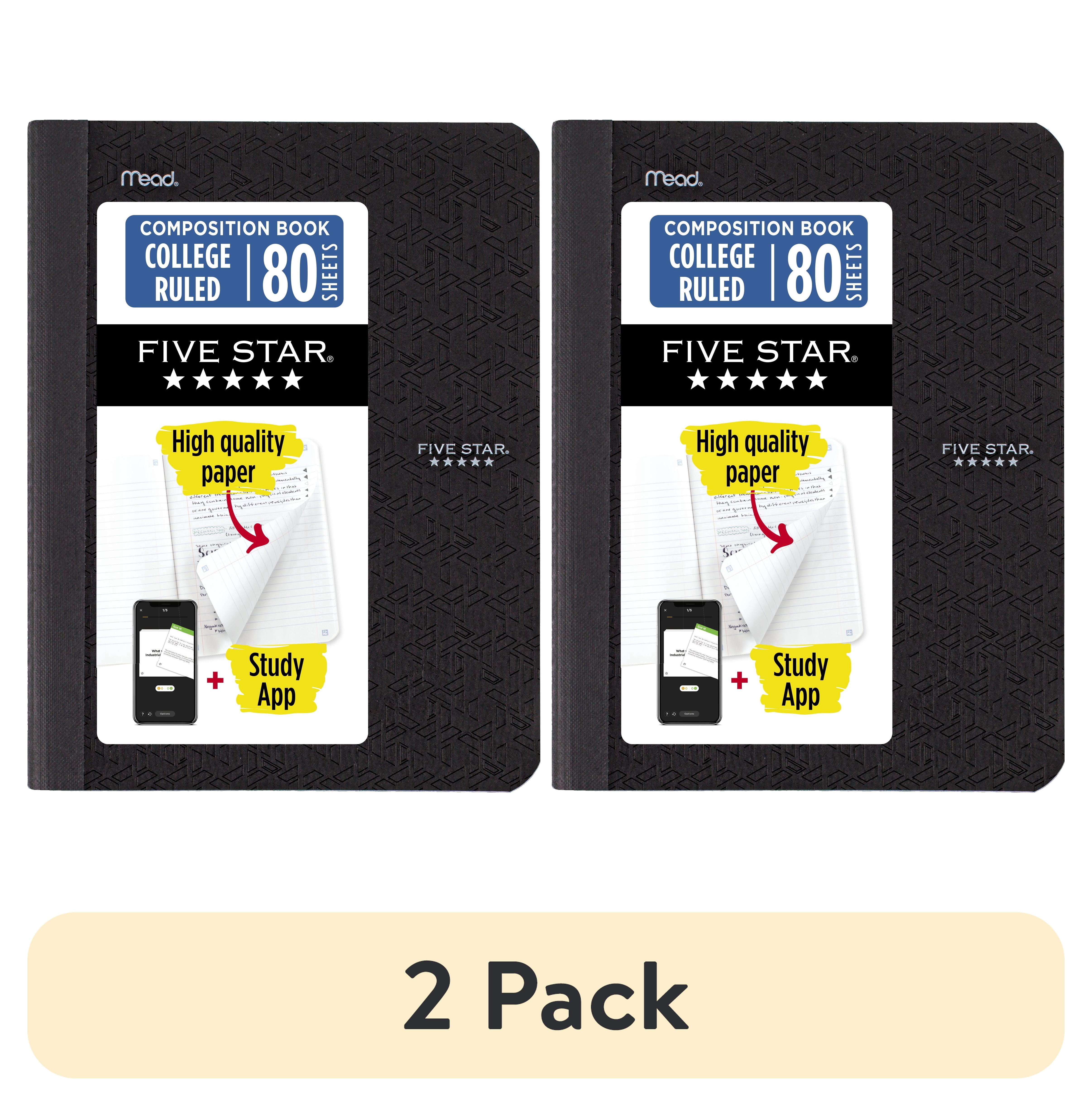 (2 pack) Five Star Composition Book Plus Study App, College Ruled, 80 Sheets, Poly, 7.5" x 9.75", Black