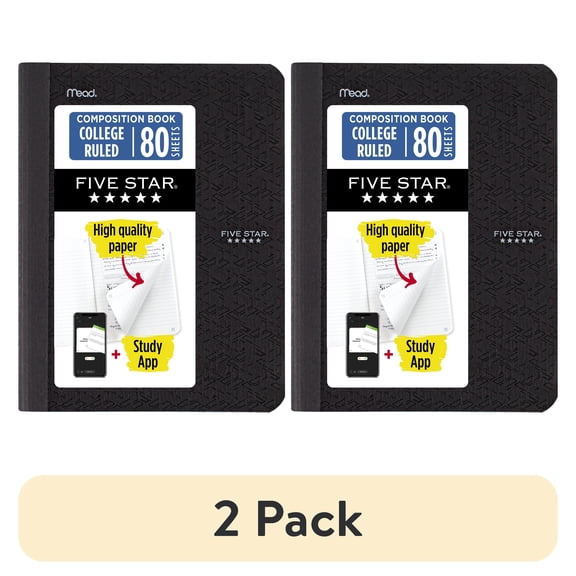(2 pack) Five Star Composition Book Plus Study App, College Ruled, 80 Sheets, Poly, 7.5" x 9.75", Black