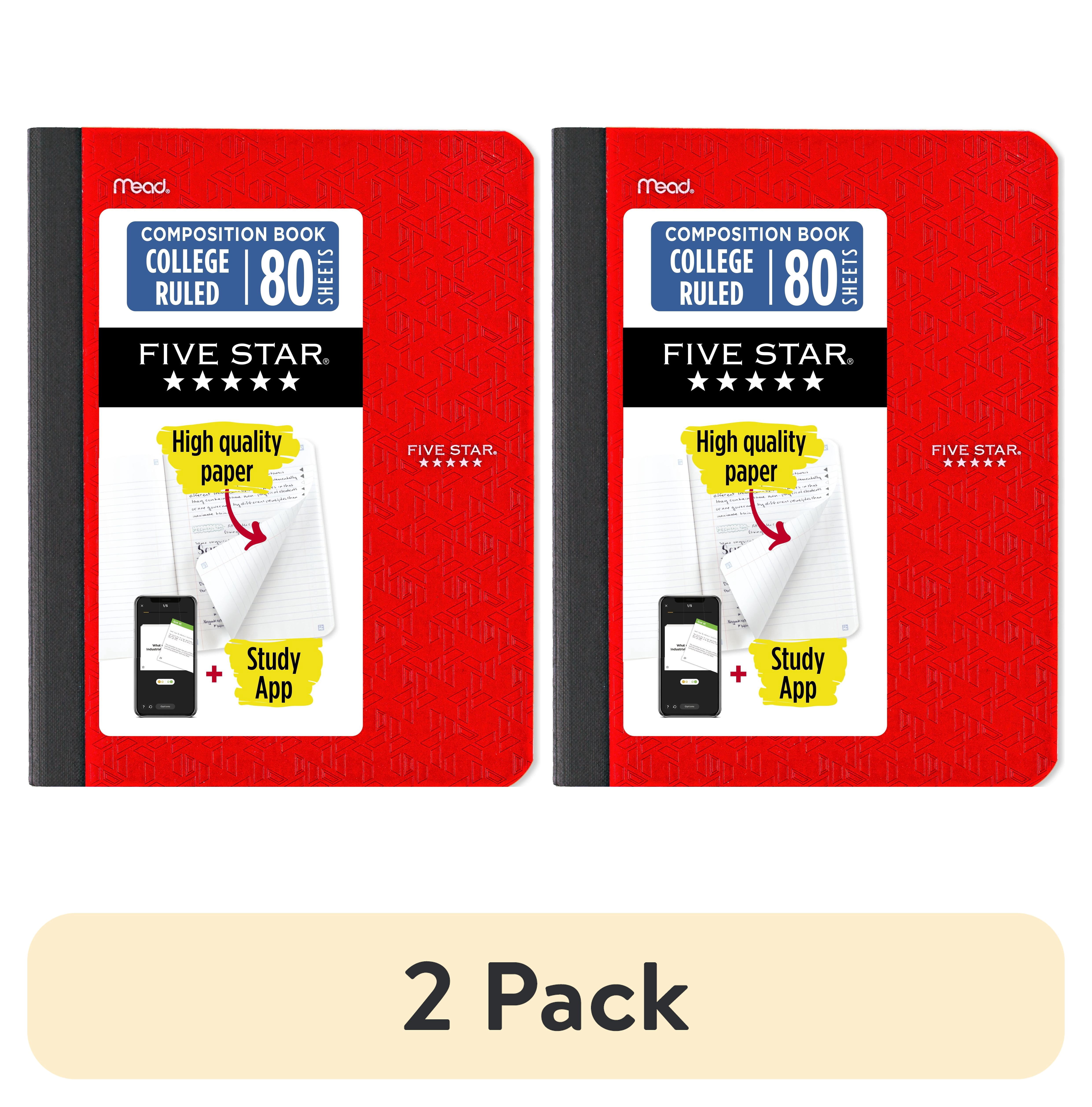 (2 pack) Five Star Composition Book Plus Study App, College Ruled, 80 Sheets, 7.5" x 9.75", Fire Red