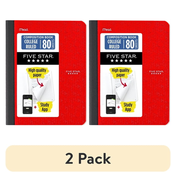 (2 pack) Five Star Composition Book Plus Study App, College Ruled, 80 Sheets, 7.5" x 9.75", Fire Red