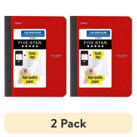 (2 pack) Five Star Composition Book Plus Study App, College Ruled, 80 Sheets, 7.5" x 9.75", Fire Red
