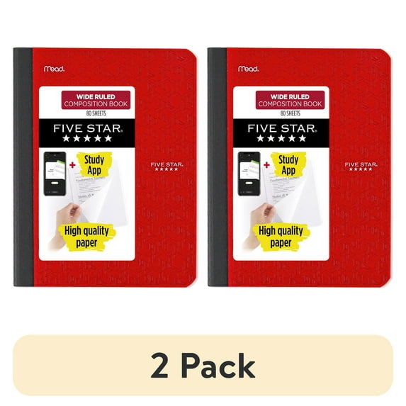(2 pack) Five Star Composition Book Plus Study App, Wide Ruled, 7.5" x 9.75", Fire Red, Poly, 80 Sheets