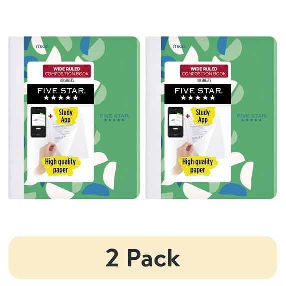 (2 pack) Five Star Composition Book Plus Study App, Wide Ruled, Green