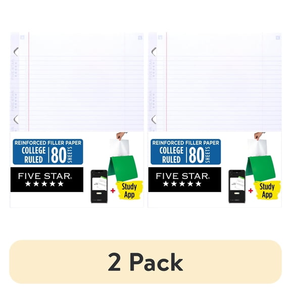(2 pack) Five Star Reinforced Filler Paper Plus Study App, College Ruled, 8 1/2" x 11", 80 Sheets/Pack