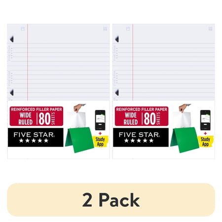 (2 pack) Five Star Reinforced Filler Paper Plus Study App, Wide Ruled, 8" x 10.5", 80 Sheets/Pack