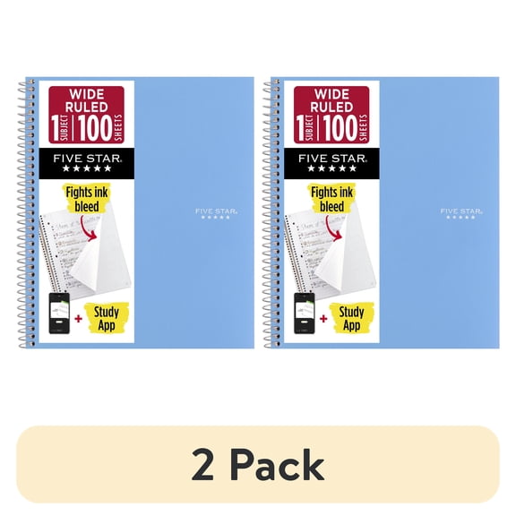(2 pack) (2 pack) Five Star Spiral Notebook Plus Study App 1 Subject Wide Ruled 8 x 10 12 Sky Blue