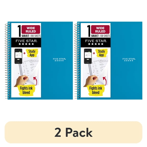 (2 pack) Five Star 1 Subject Wide Ruled Notebook Plus Study App, 8" x 10.5", Tidewater Blue, Poly, Spiral, 100 Sheets