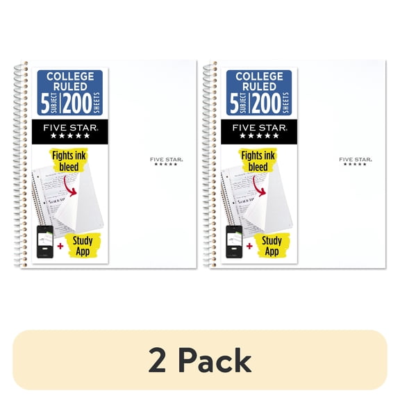 (2 pack) Five Star Spiral Notebook + Study App, 5 Subject, College Ruled, 8.5" x 11", White