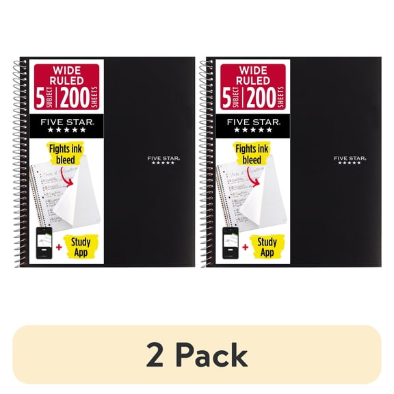 (2 pack) Five Star Spiral Notebook + Study App, 5 Subject, Wide Ruled, 8" x 10.5", Black