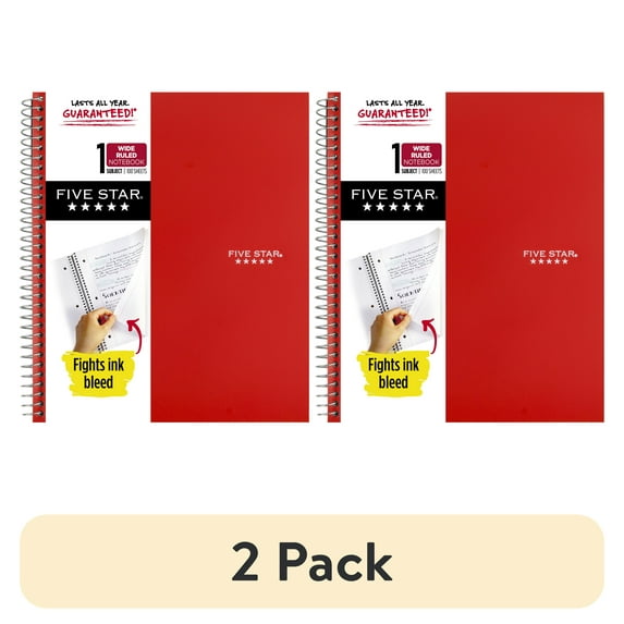 (2 pack) Five Star 1 Subject Wide Ruled Notebook Plus Study App, 8" x 10.5", Fire Red, Poly, Spiral, 100 Sheets