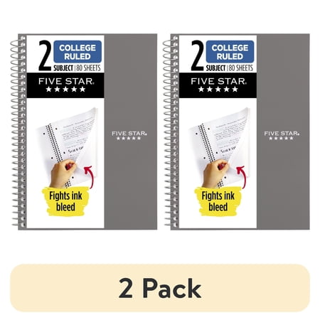 (2 pack) Five Star Spiral Notebook, 2 Subject, College Ruled, 6" x 9.5", Gray